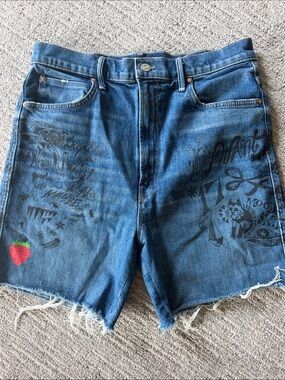 MOTHER Blue Graphic High-Rise Cutoff Denim Shorts